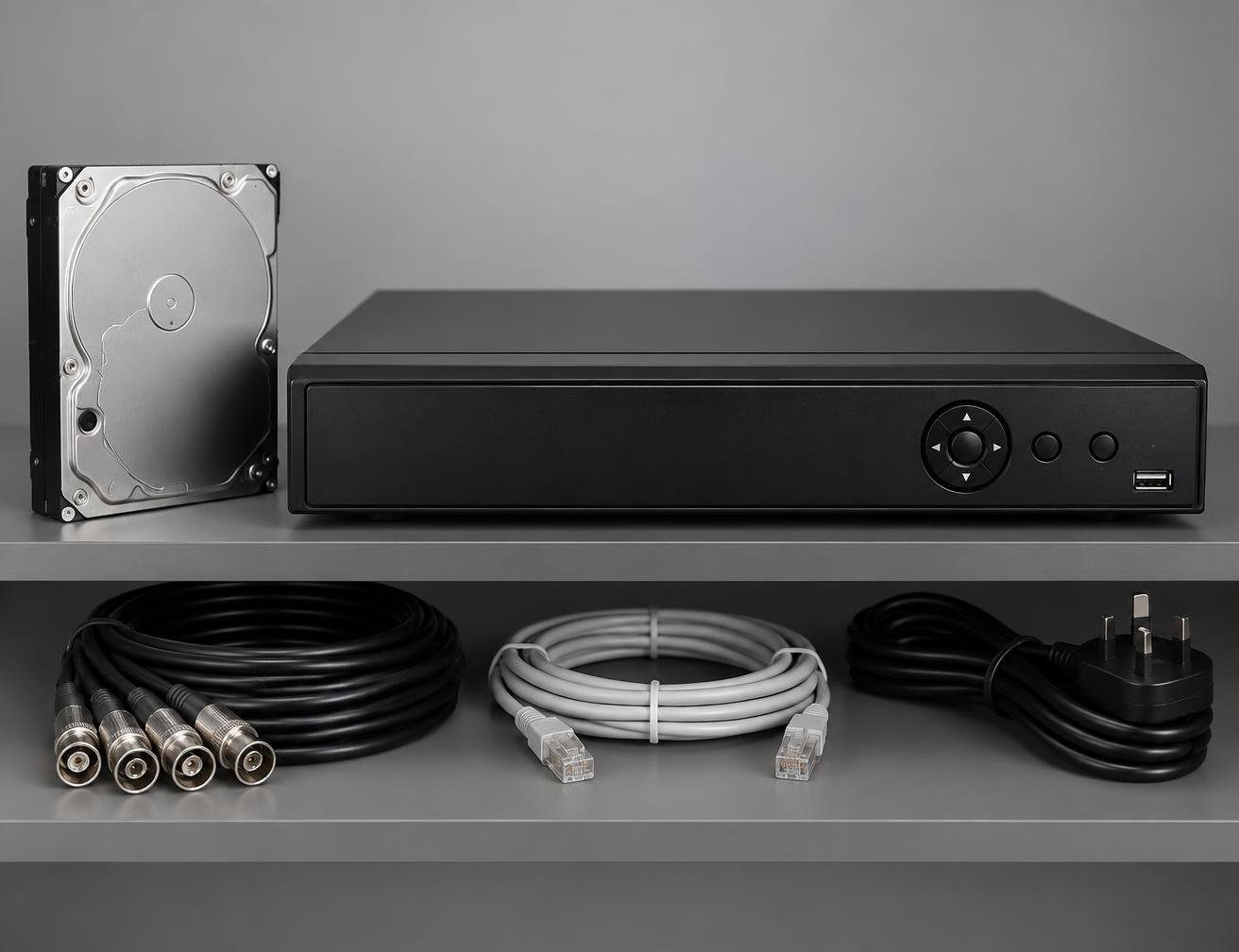 CCTV recorder with hard disk and cabling