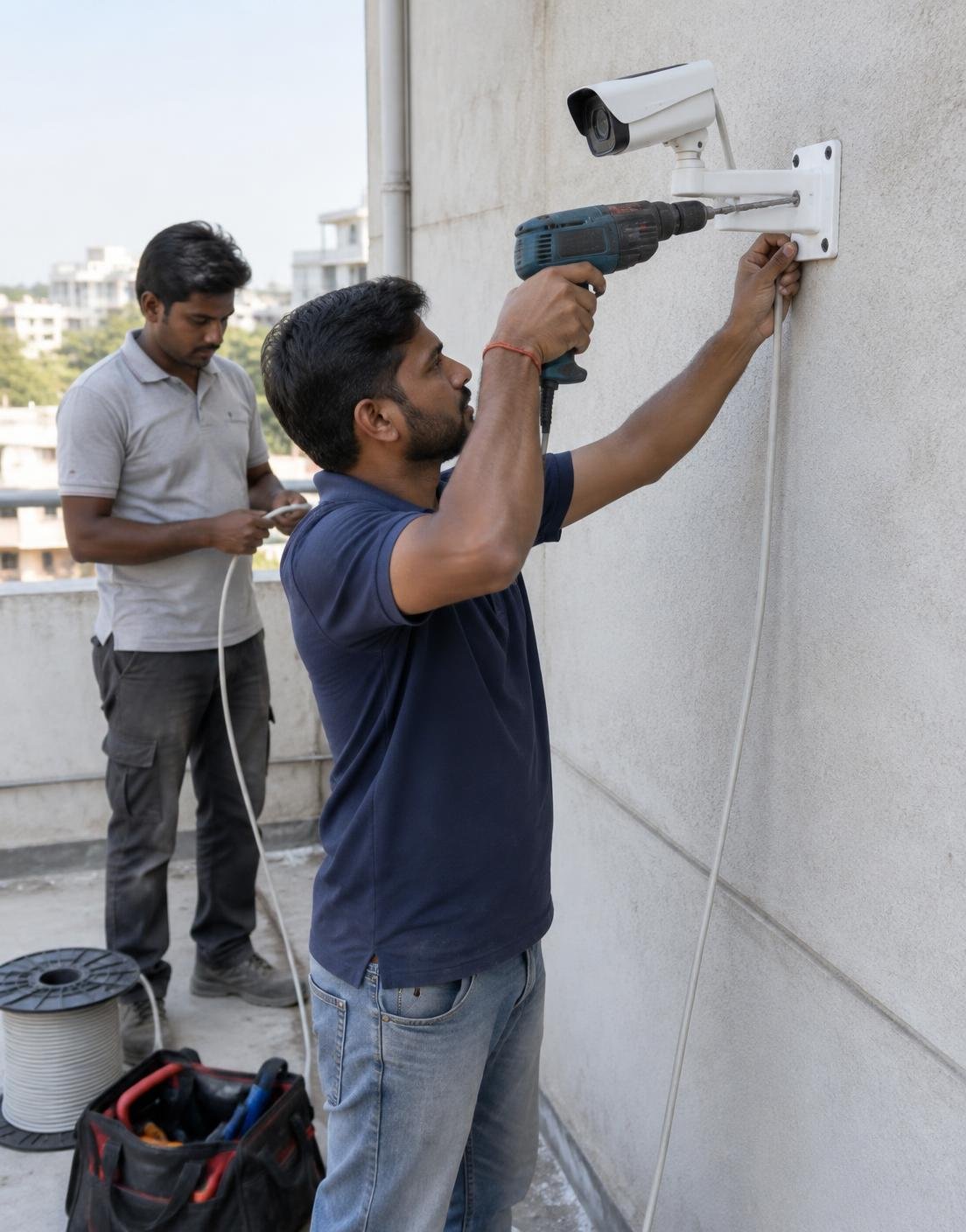 Technicians mounting and wiring a CCTV camera on a building wall